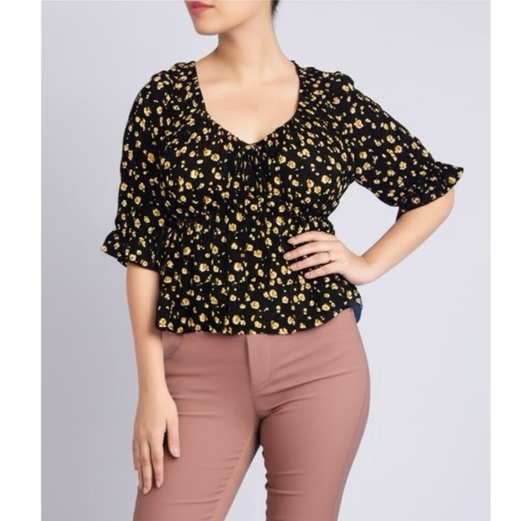 NWT Mason & Belle Cropped Blouse Short Sleeve Off Shoulder Black Floral Top XL - Picture 2 of 12